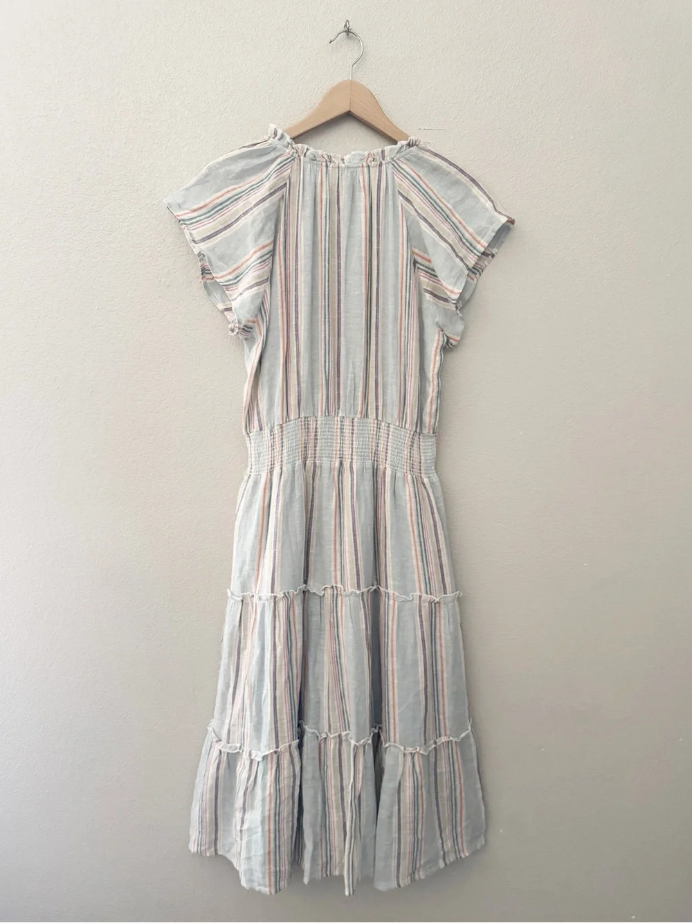 Rails Amelia Smocked Tiered Empire Midi Dress Large Sag Harbour Linen Stripe - Picture 4 of 11